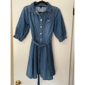 River Island Denim Dress Button Front Puff Sleeve Belted Midi Blue Size 8